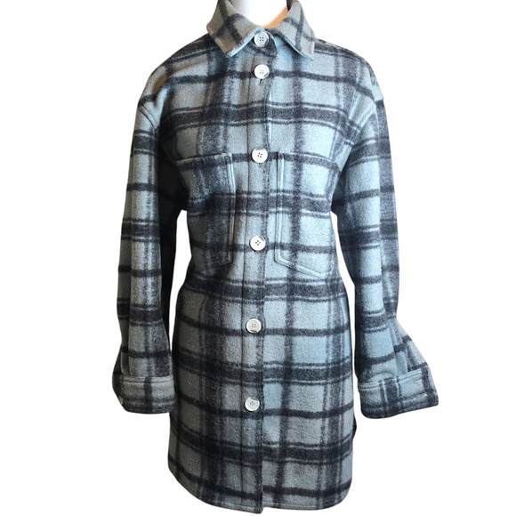 H&M Womens Small Flannel Plaid Blue Gray Cyan Button Up Closure Wooly Texture - Picture 1 of 9